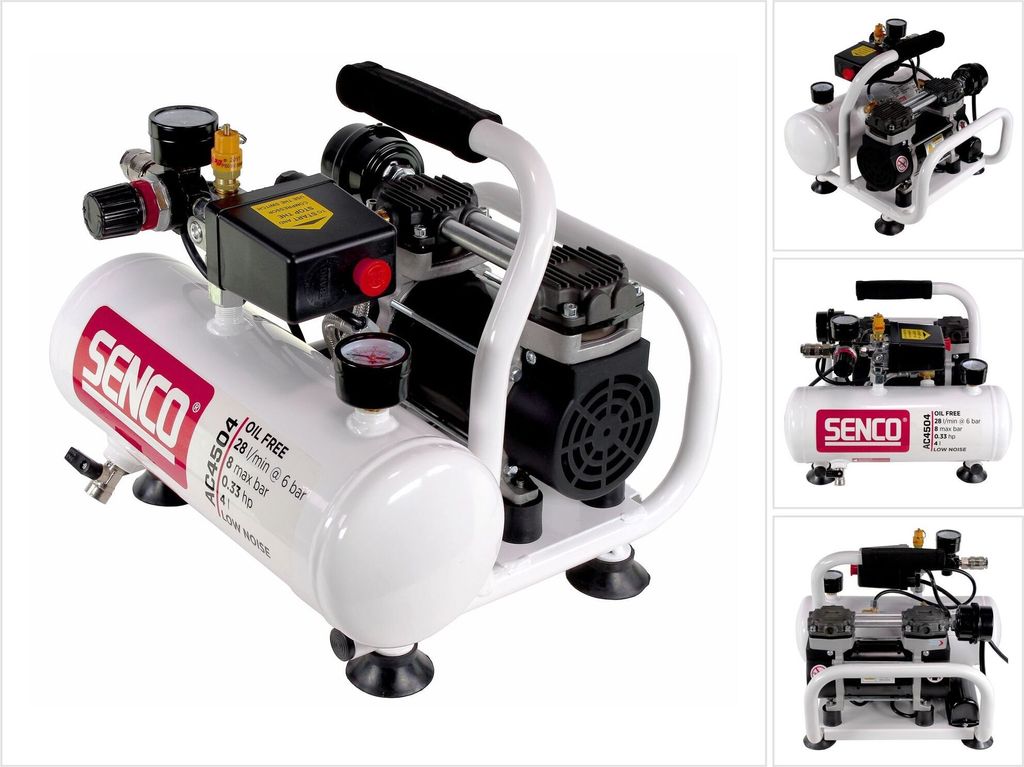A collage of images showing a Senco AC4504 oil-free air compressor from different angles.