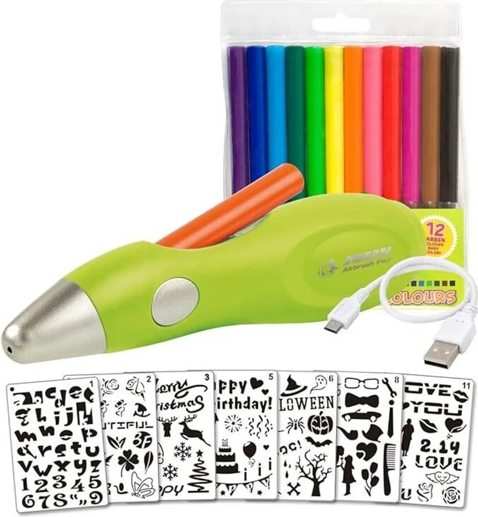 Kit de Peinture en Spray Enfant Airbrush Fun 20 pcs avec Pochoirs Vert