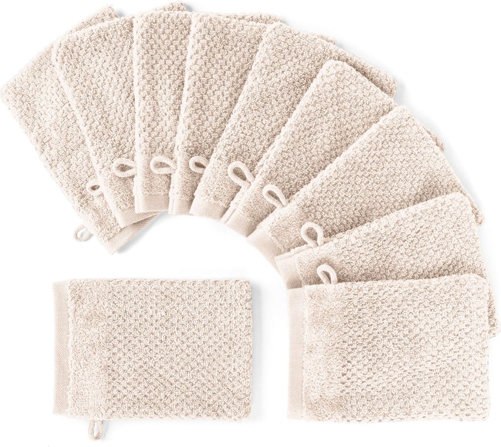 Pure Label 10-TLG Waschhandschuh Waschlappen Set mit Anhängeschlaufe aus 100% Baumwolle, saugstarkund weich | 10 Waschlappen 16x21cm, Creme