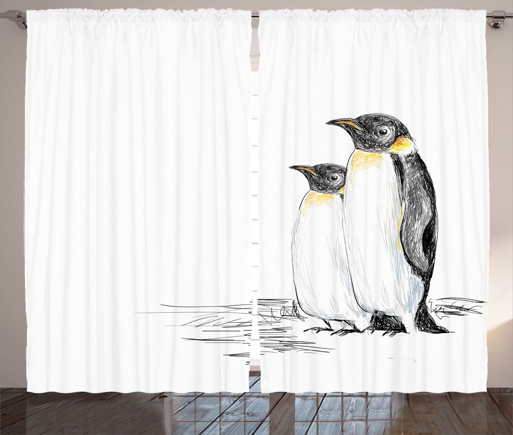 ABAKUHAUS Tier Rustikaler Gardine, Hand gezeichnete Pinguine Art, Schlafzimmer Kräuselband Vorhang mit Schlaufen und Haken, 280 x 225 cm, Schwarz ...