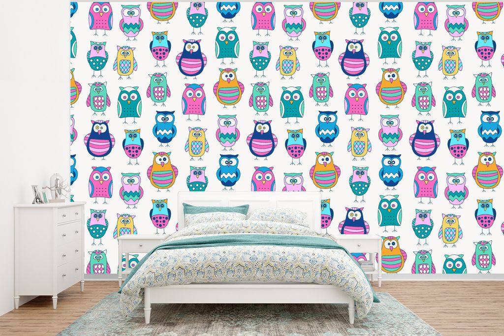 MuchoWow Fototapete für Wohnzimmer oder Schlafzimmer Wandtapete Vinyl Motivtapete Regenbogen - Eule - Cartoon - 295x220 cm - Wand Tapete