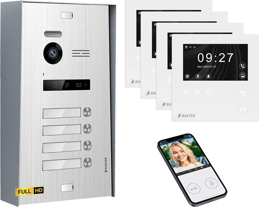 BALTER EVO HD Aufputz Video Türsprechanlage Silber 4x 4.3 Zoll Mini HD WiFi Monitor Weiß Set für 4 Familienhaus