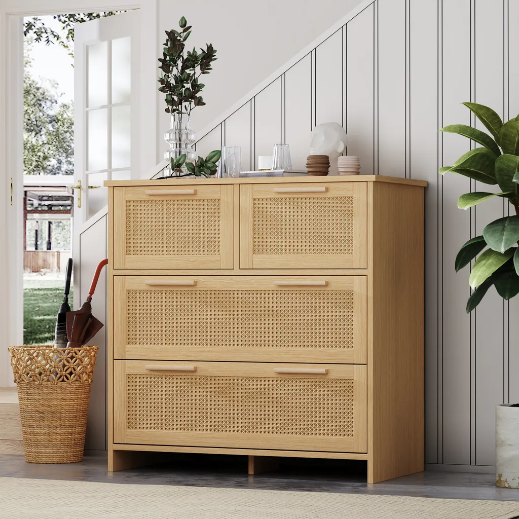 Cassettiera Credenza Merax Rattan: Mobile in Legno Naturale 80cm
