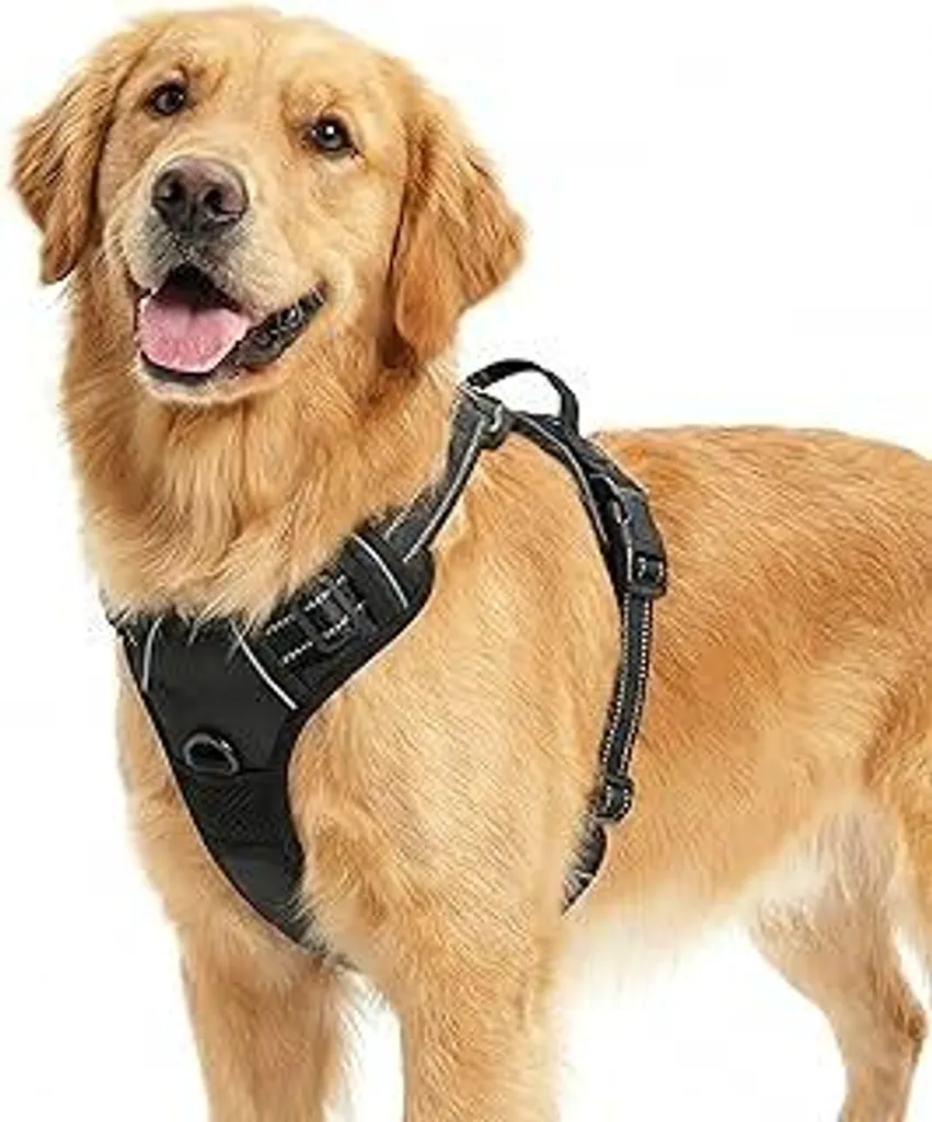 Funfox Pettorina per cani di taglia media, pettorina anti-trazione regolabile, pettorina anti-trazione con maniglia e strisce riflettenti, pettorina No Pull per cani di taglia piccola, media e grande, colore nero L