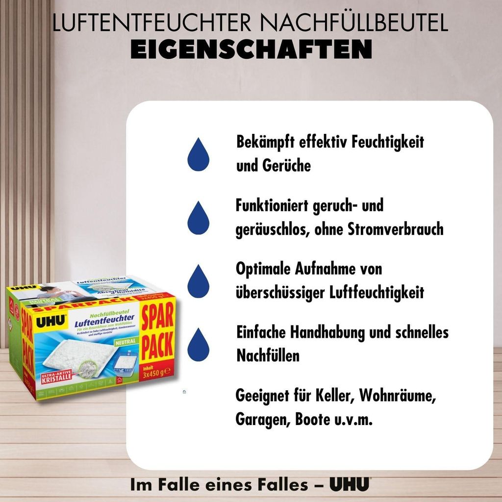 UHU Original Luftentfeuchter Nachfüllbeutel 3x450g Neutral