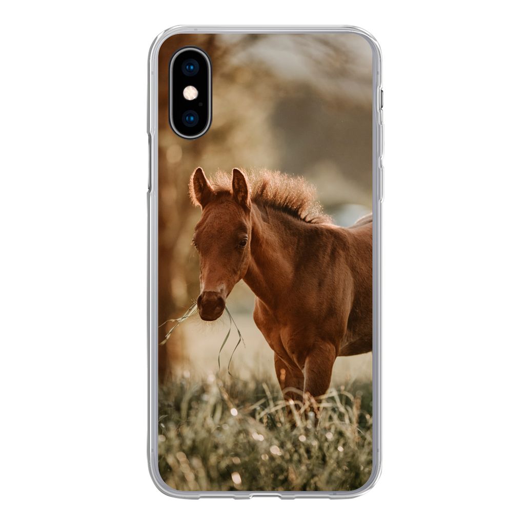 MuchoWow Handyhülle Schutzhülle Hülle für iPhone X Pferd - Licht - Wiese Silikon Softcase Handy Hülle - Handyhülle