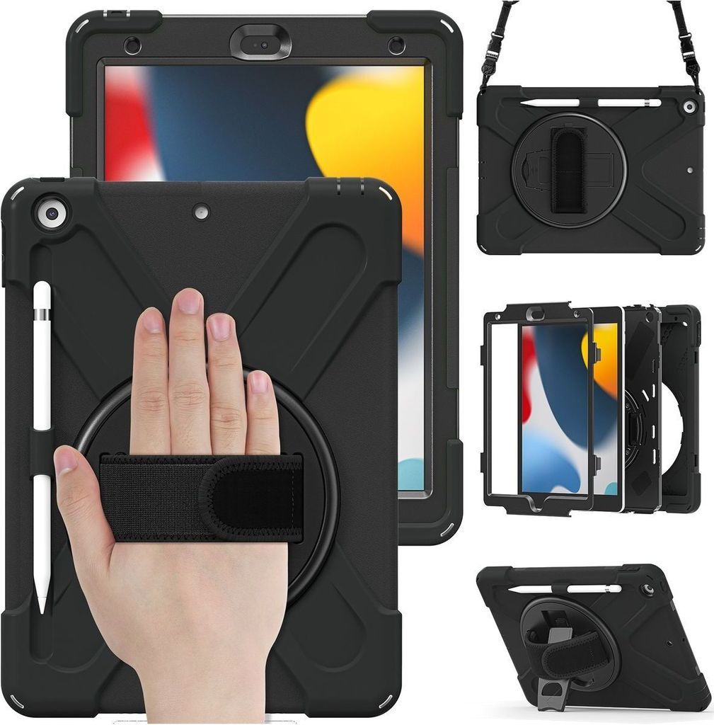 Mobigear SureGrip XGuard iPad 9 (2021) Hülle Kunststoff,Silikon Backcover + Stifthalter + Schulterträger + Ständer - Schwarz