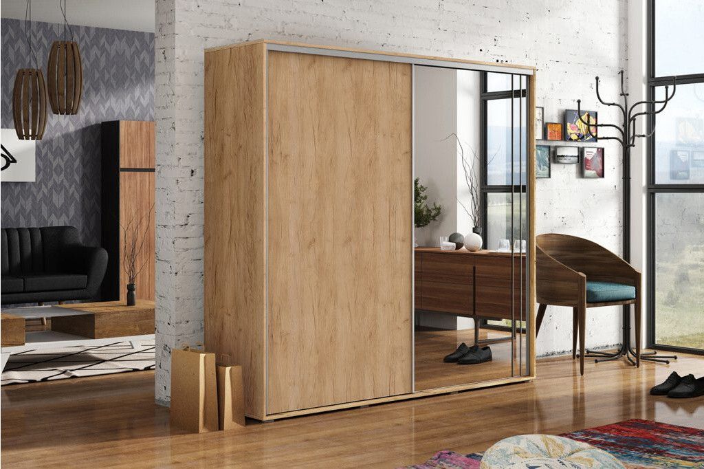Geräumiger Kleiderschrank mit Spiegel 100/245 HUGO – Eiche Craft Gold