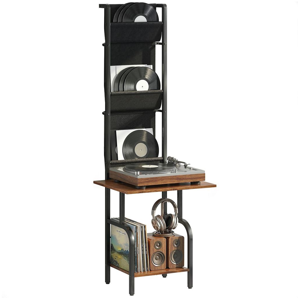 HOMCOM Plattenspieler Schallplatten Aufbewahrung mit 3 Stofftaschen offenem Fach