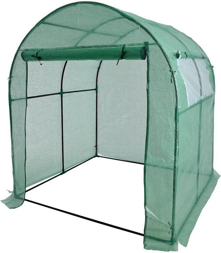 A green arched greenhouse made of fabric and metal poles, shown from the front with the entrance open.