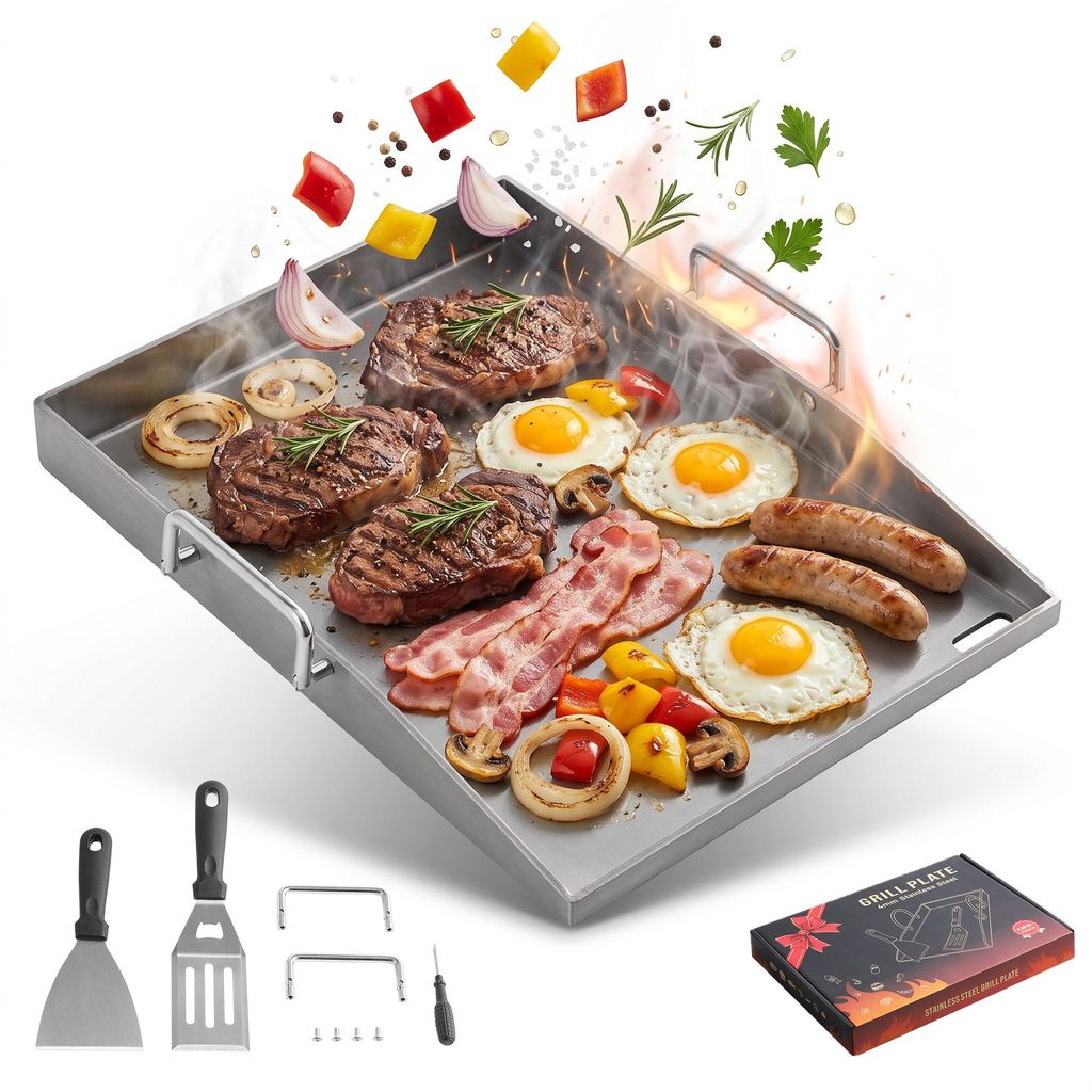 Edelstahl Grillplatte mit Grillspachtel Plancha Set für Produktbild 