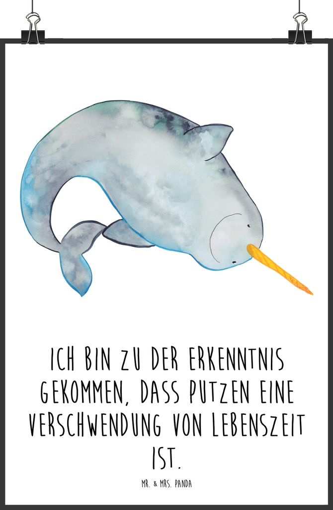 Mr. & Mrs. Panda Bild Narwal DIN A1 - Weiß - Geschenk, Putzen, Wal, wanddeko, Wandbild, Kinderzimmer, drucke, Meer, Wanddekoration, Junggesellin, ...