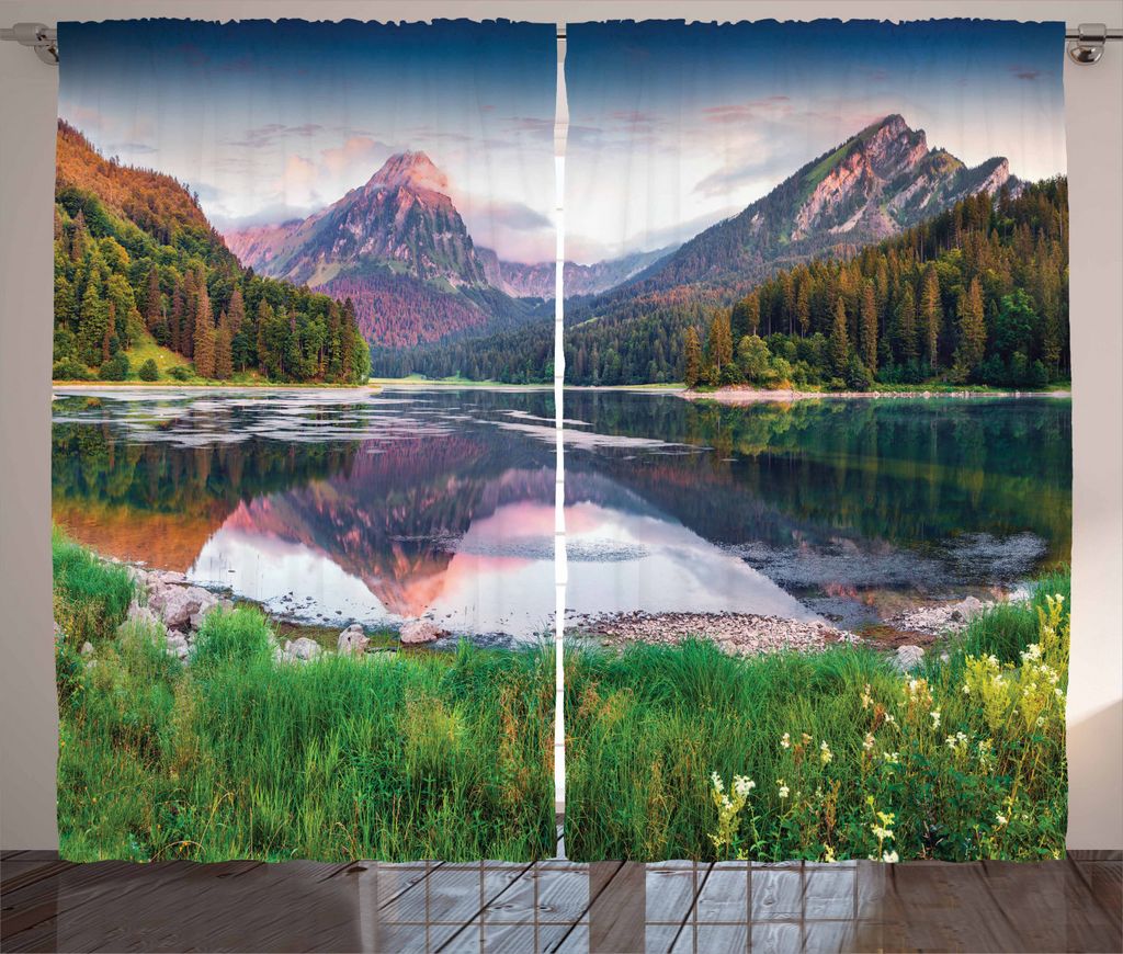 ABAKUHAUS Landschaft Rustikaler Gardine, Schweizer See Sonnenaufgang, Schlafzimmer Kräuselband Vorhang mit Schlaufen und Haken, 280 x 225 cm, Mehr...