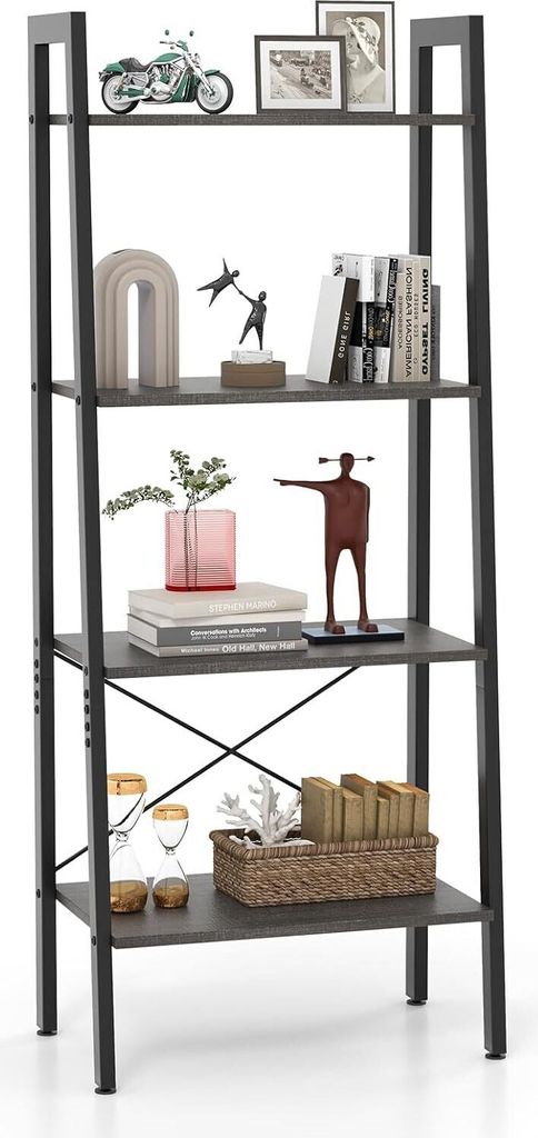 A four-tier ladder bookshelf with various decorative items on each shelf.