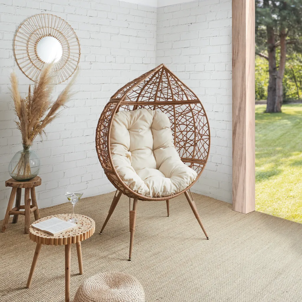 Fauteuil Oeuf Confort Premium Coussin Beige Déperlant et Pied en Acier