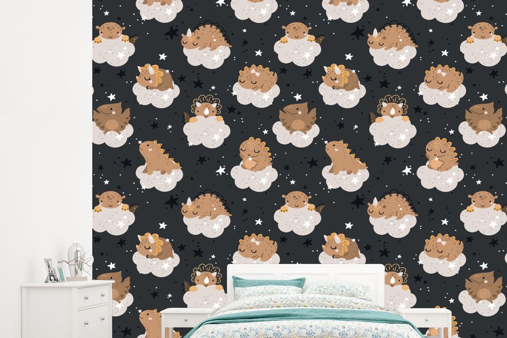 MuchoWow Fototapete für Wohnzimmer oder Schlafzimmer Wandtapete Vinyl Motivtapete Muster - Jungen - Dino - Kinder - 265x240 cm - Zimmer für Kinder