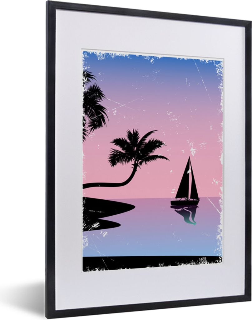 MuchoWow® MuchoWow® Gerahmtes Poster Boot - Palme - Nacht - Produktbild 