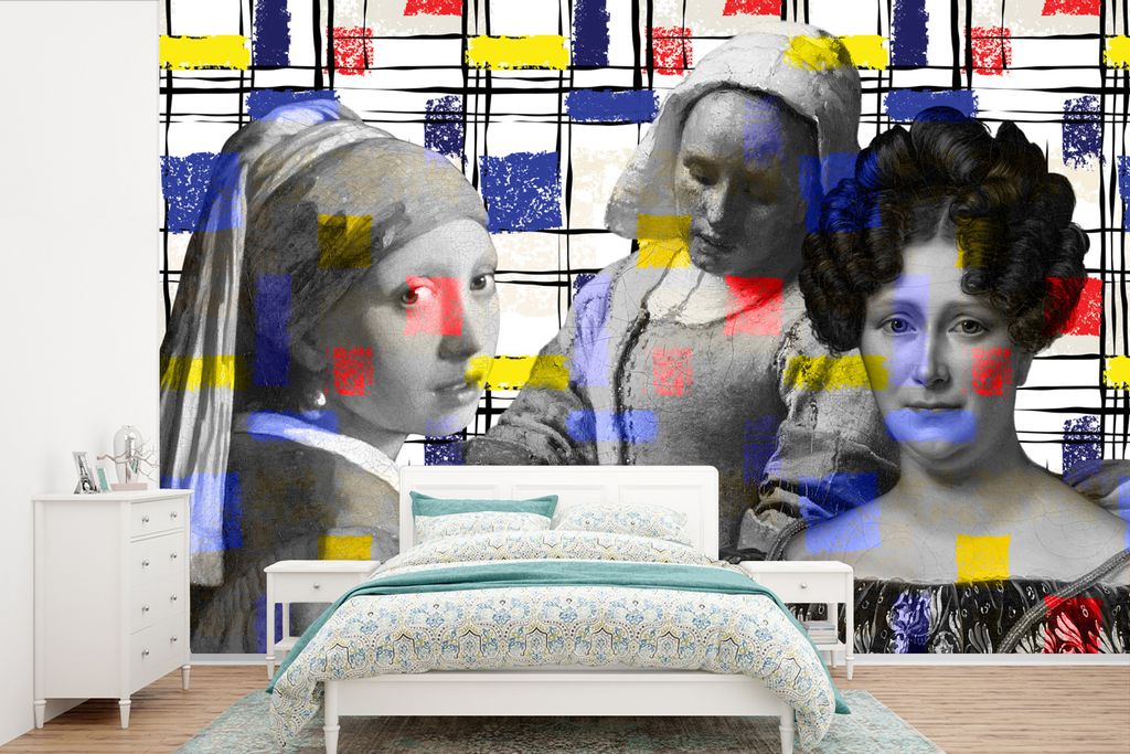MuchoWow Fototapete für Wohnzimmer oder Schlafzimmer Wandtapete Vinyl Motivtapete Collage - Mondrian - Gemälde - 600x400 cm - Vinyltapeten