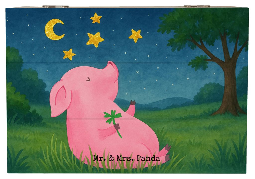 Mr. & Mrs. Panda Box Schwein Glück Design 22 x 15 cm - Weiß - Geschenk, Holzkiste, Kiste mit Deckel, Truhe, schatztruhe, Glücksbringer, Träume,...