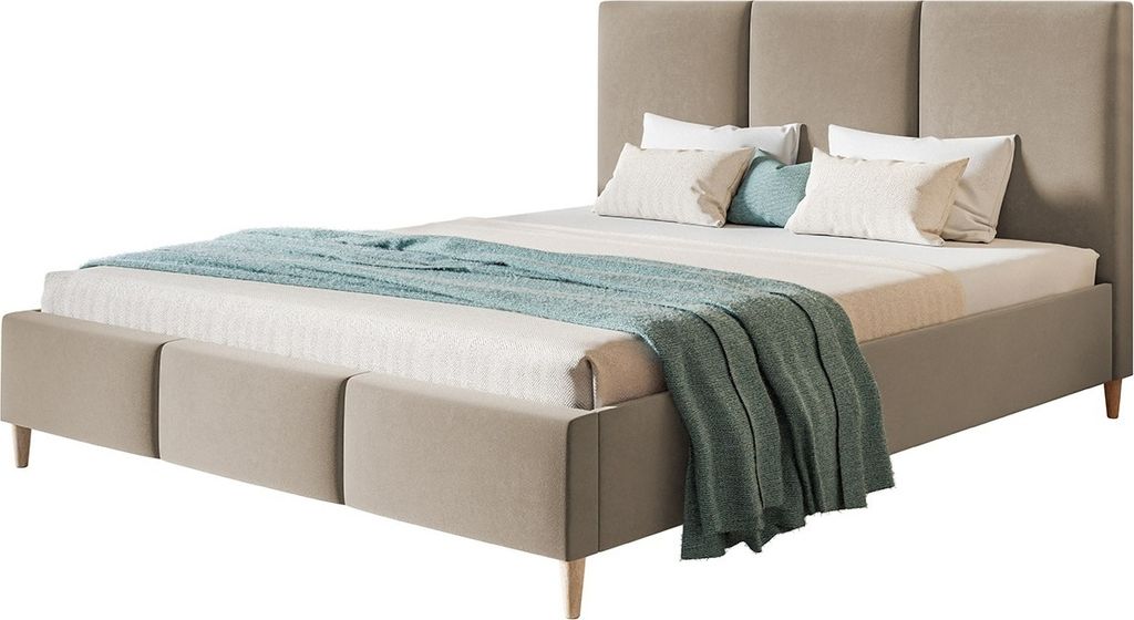 Polsterbett LUX SIENA mit Kopfteil, 140 x 200 cm, Doppelbett mit Lattenrost aus Holz, Velourstoff Braun, Füße in Farbe: Braun