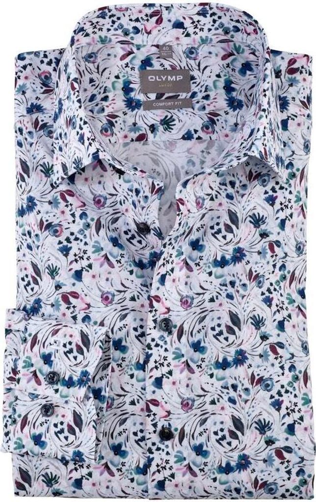 Olymp Freizeithemd Luxor Comfort Fit normale Passform blau mit Print Baumwolle