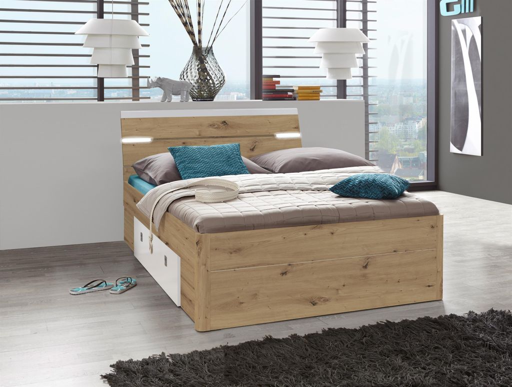 Bett Einzelbett Jugendbett Bettrahmen Doppelbett Bettgestell Holzbett "Isobel I" Artisan Eiche/Weiß