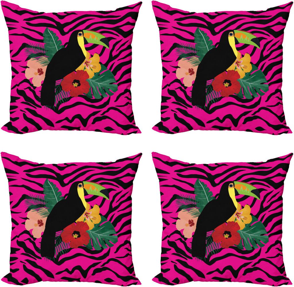 ABAKUHAUS rosa Zebra Kissenbezug Set (4 Stück), Toucan Vogel Pflanzen, Moderner Doppelseitiger Digitaldruck, 50 cm x 50 cm, Mehrfarbig