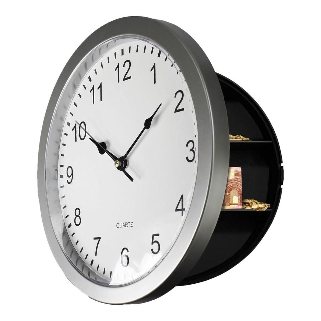 A wall clock with its compartment open, revealing stored items.
