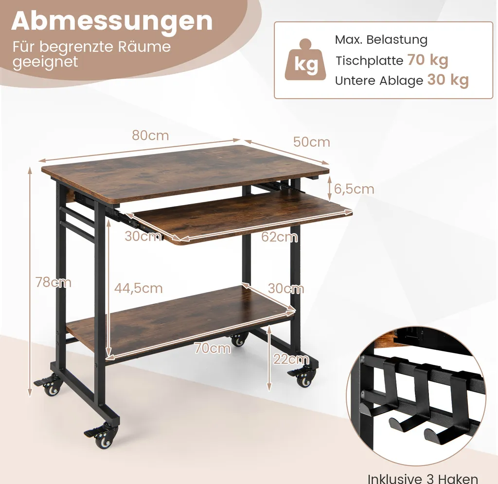 Table d'ordinateur compacte avec tablette clavier et roulettes en métal