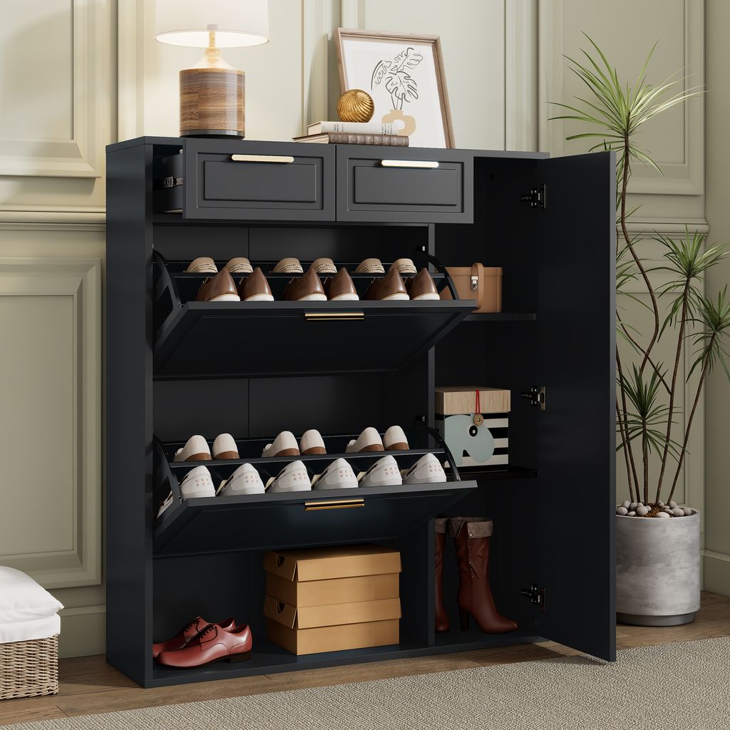 STILVORA Schuhschrank Schuhregal platzsparend mit verstellbaren Regalen und Schubladen,mit goldenen Griffen,Klappschuhschrank und Türen,Schwarz