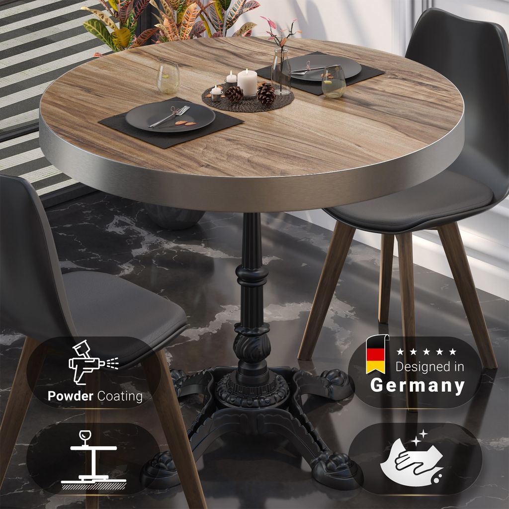 BPR | Bistro Tisch | Ø 70 x 77 cm | Rund | Edelstahl Rand | Sheesham / Schwarz | Bistrotisch Gastro Tisch
