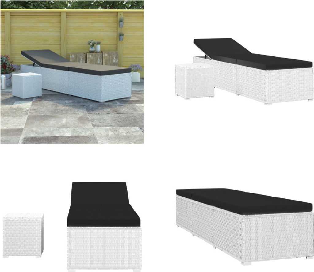 vidaXL Sonnenliege mit Auflage und Teetisch Poly Rattan Weiß - Sonnenliege - Sonnenliegen - Gartenliege - Gartenliegen