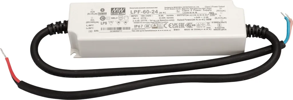 Transformateur LED 24V 60W Étanche IP67 Meanwell LPF-60-24 pour Extérieur