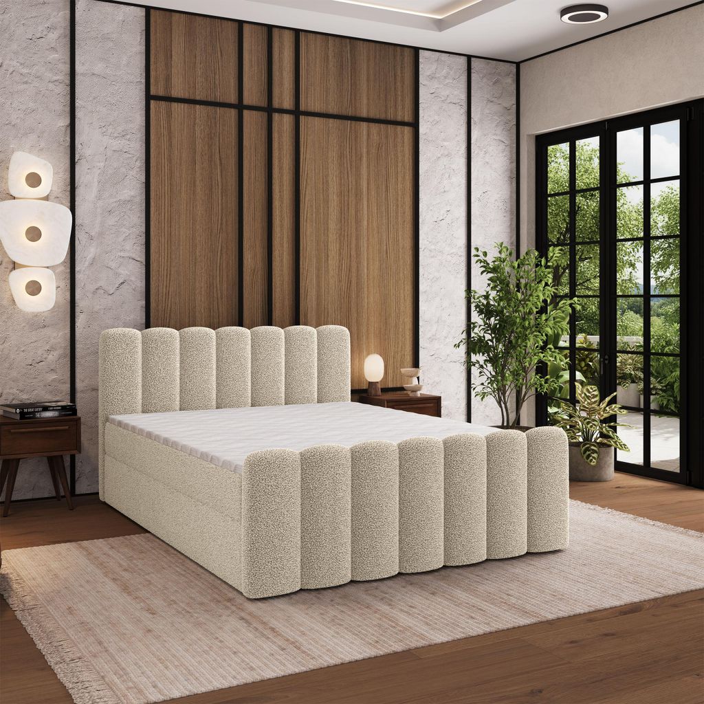 Masseno Boxspringbett CELLA 180x200 cm Komplett-Set mit Bonell Matratze und Topper, Polsterbett mit Bettkästen -Creme, QUELLE 02
