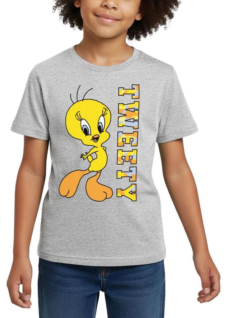 Spreadshirt Looney Tunes Tweety Camouflage Kinder T-Shirt, 110/116 (5-6 Jahre), Grau meliert
