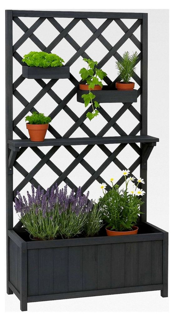 Hochbeet mit Pflanz-/Blumenkasten und Rankgitter, Ablage Hängekästen aus Holz, 135x70x30cm - anthrazit-grau