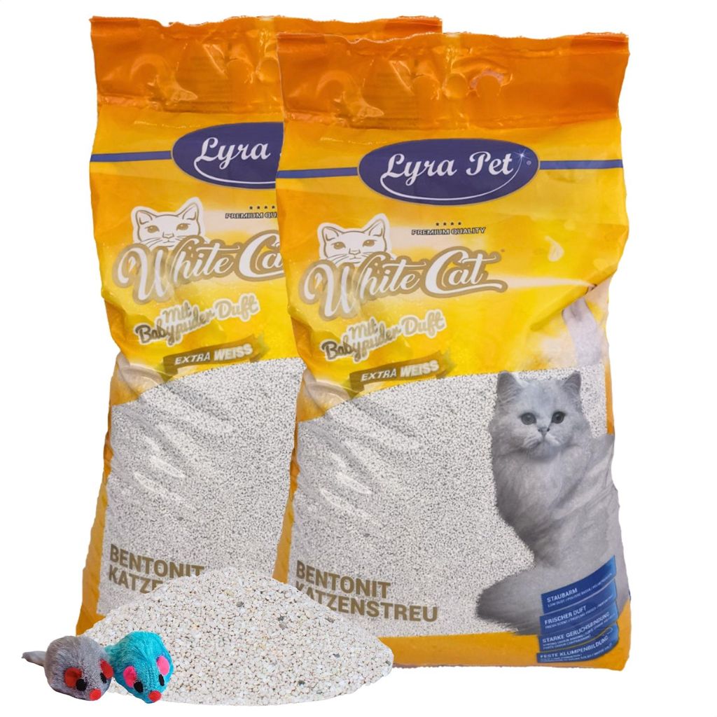 2 x 15 Liter Lyra Pet White Cat Katzenstreu Bentonit mit Babypuderduft + 2 Mäuse