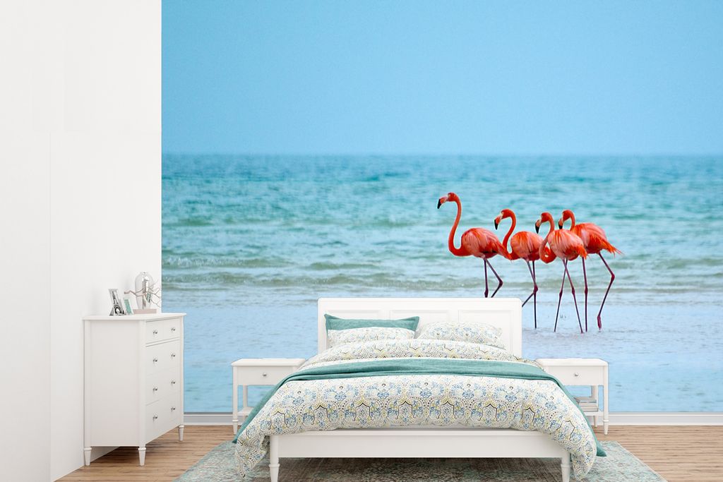 MuchoWow Fototapete für Wohnzimmer oder Schlafzimmer Wandtapete Vinyl Motivtapete Flamingos an der Küste von Mexiko - 360x260 cm - Wohnzimmer t...