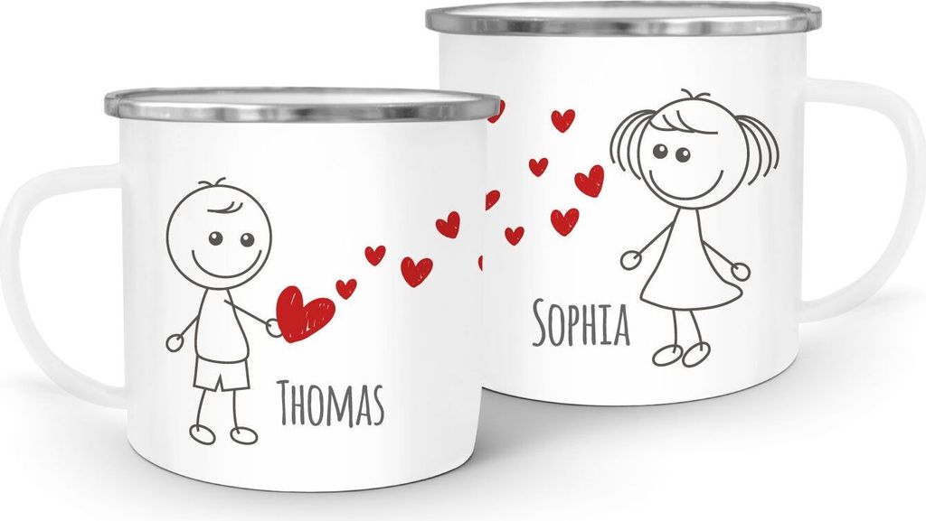 Emaille-Tasse mit Namen Liebes-Paar Strichmännchen Liebesgeschenke personalisierbare Geschenke (1 Tasse) SpecialMe weiß-metall Emailletasse