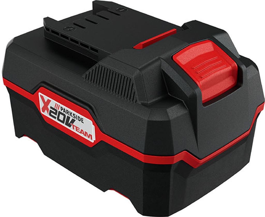 A black and red power tool battery is shown against a white background.