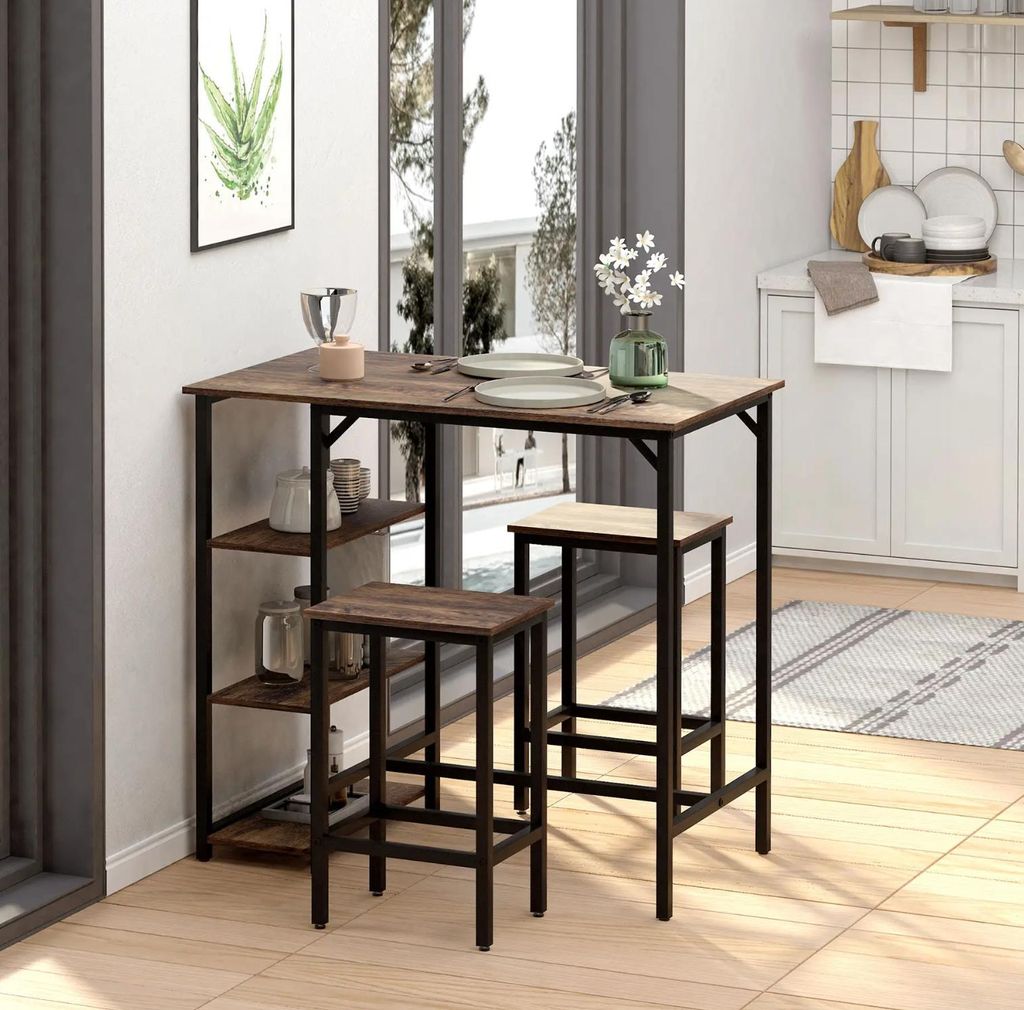 Bartisch-Set, Stehtisch mit 2 Barhockern Essgruppe 3-teiliges,Tischset Küchentresen mit Regale 109 x 60 x 100 cm