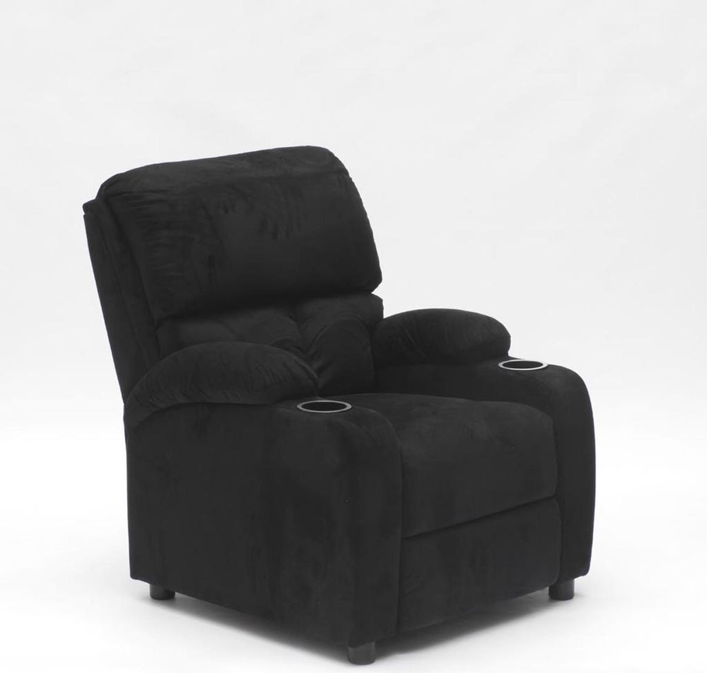 A black recliner chair with cup holders is shown against a white background.