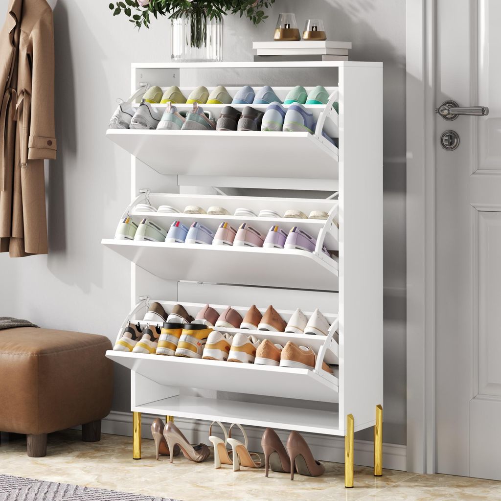 okwish Moderner Schuhschrank Schuhkipper mit 3 grifflosen Schranktüren,Schuhregal mit goldenen Beinen,Schuhaufbewahrung mit Einlegeböden,Weiß