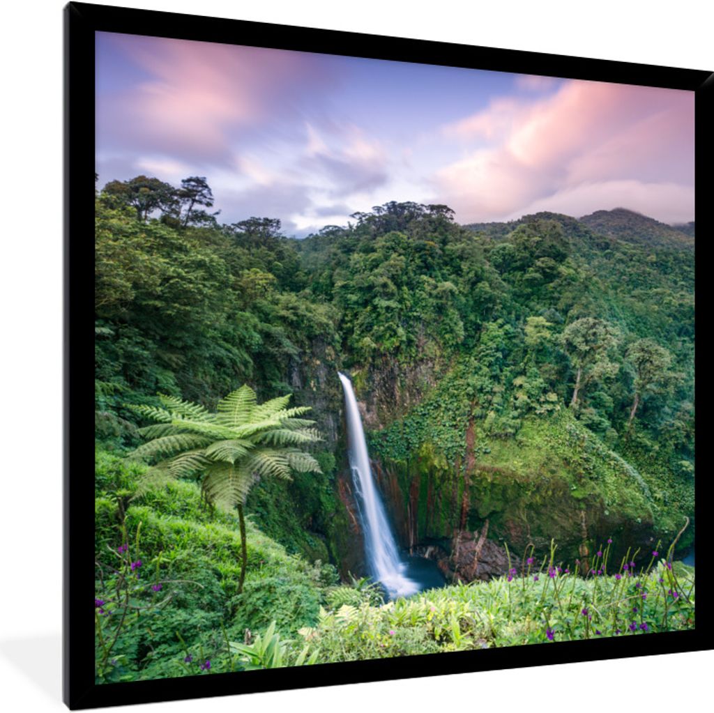 MuchoWow Gerahmtes Poster Wasserfall - Sonnenuntergang - Dschungel 40x40 cm - Poster mit Schwarzem Bilderrahmen Wandposter Rahmen Foto Bilder - M...