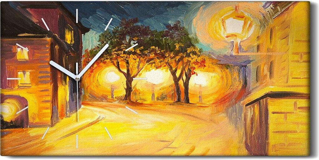 Leinwand Uhr Küche Wohnzimmer Bild 60x30 Ölgemälde Stadt Lampen Nacht Bäume - weiße Hände