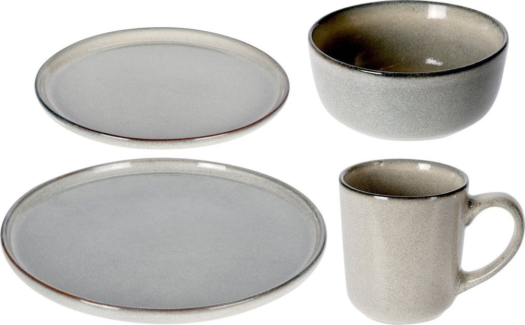 A set of tableware including two plates, a bowl, and a mug, arranged on a white background.