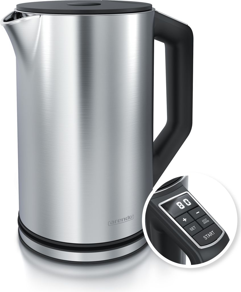 Arendo Wasserkocher mit Temperatureinstellung 40°C - 100°C, Temperaturanzeige, Temperaturwahl, 1,5 L, 2200W, Edelstahl, Warmhaltefunktion, Doppel...
