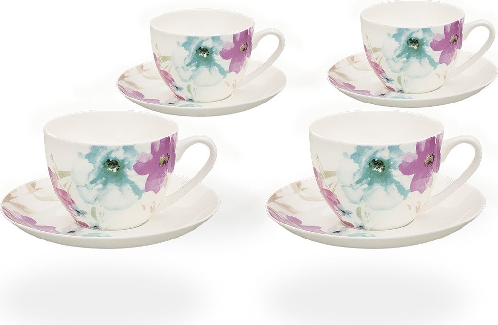 Buchensee Teetassen / Kaffeetassen Porzellan, 4 Tassen je 210ml, Blumendeko, Fine Bone China