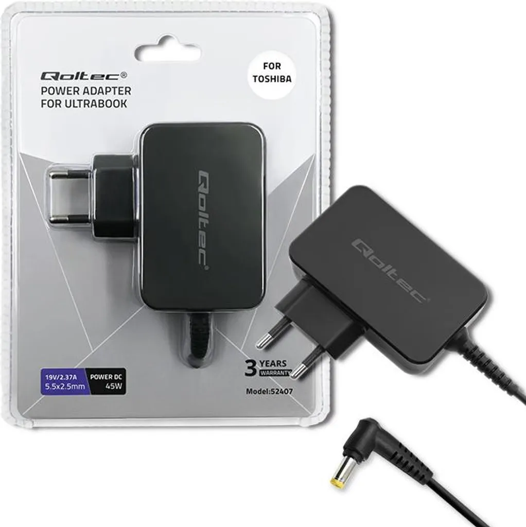 Alimentatore Qoltec Toshiba Ultrabook 45W 19V 2.37A - Caricabatterie Sicuro