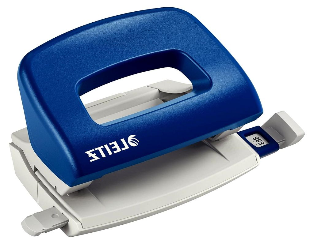 Mini Bürolocher aus Metall, kleiner Locher für 10 Blatt, Anschlagschiene mit Formatangaben, ergonomisches Design, blau